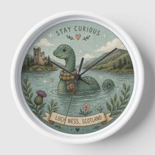 Bleib neugierig gemütliches Kryptiden Nessie Loch Uhr