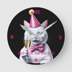 Bleib ruhig und feiere weiter - Lustige Katze Runde Wanduhr