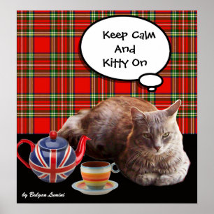 "BLEIB RUHIG UND KATZE OBEN" ,ROTER TARTAN,KATZEN- POSTER