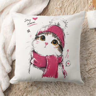 Bleib warm, süße Katze mit Wintermütze und Schal Kissen