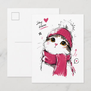 Bleib warm, süße Katze mit Wintermütze und Schal Postkarte