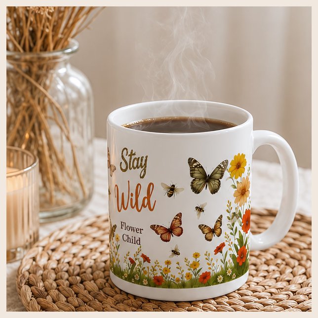 Bleib wild, Blumenkind, Boho-Blumen und Bienen Kaffeetasse (Von Creator hochgeladen)