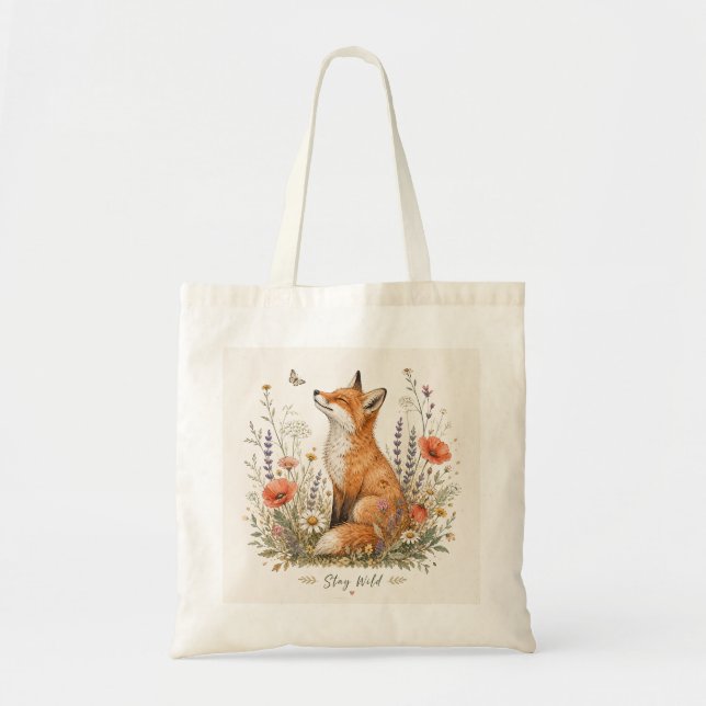 Bleib Wild Fuchs-Tasche Wildblumen Wald Fuchs Tragetasche (Vorne)