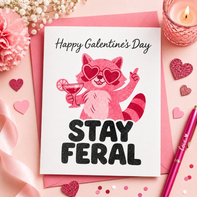 Bleib wild Galentines Waschbär Karte (Happy Galentine's Day – Stay Feral)