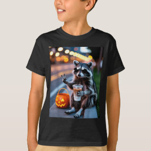 Bleib wild Waschbär trinkt eisgekühlten Kaffee Hal T-Shirt