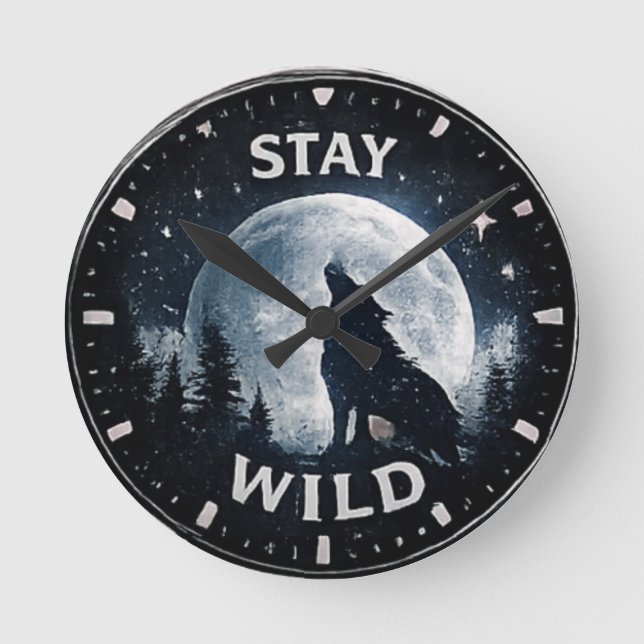 Bleib Wild Wolf Mond Wanduhr (Vorderseite)