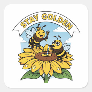 Bleibe Golden - Biene und Blume Illustration Quadratischer Aufkleber