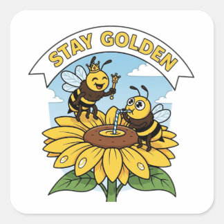 Bleibe Golden - Biene und Blume Illustration Quadratischer Aufkleber