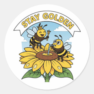 Bleibe Golden - Biene und Blume Illustration Runder Aufkleber