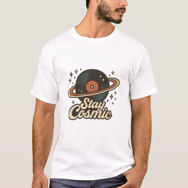 Bleibe Kosmisches Vintages Vinyl Planet T-Shirt -  (Vorderseite)