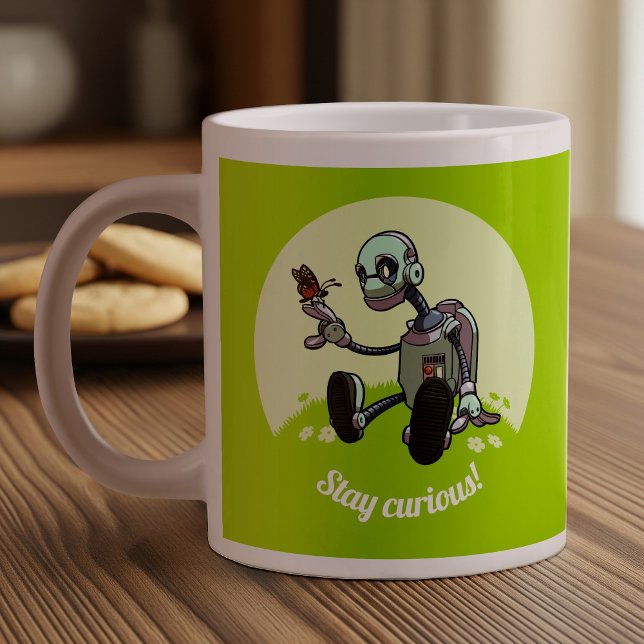 Bleibe Neugierig! Roboter und Schmetterling-Cartoo Jumbo-Tasse (Von Creator hochgeladen)