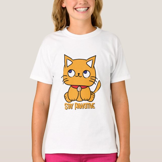 Bleibe Pawsitive Funny Cat Cartoon für Kinder T-Shirt (Vorderseite)