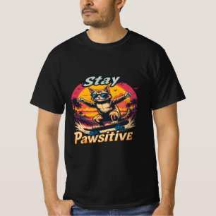 Bleibe Pawsitive Retro Cat Skateboard Design - Fun T-Shirt