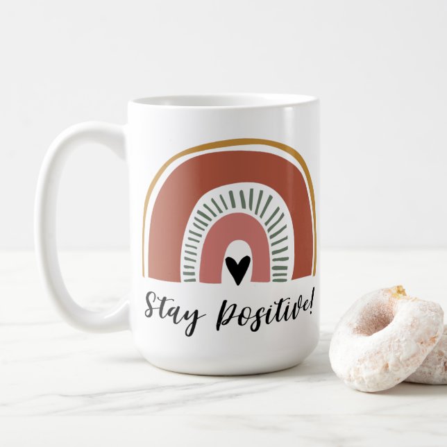 Bleibe Positiv! Niedlicher Boho-Regenbogen Kaffeetasse (Mit Donut)