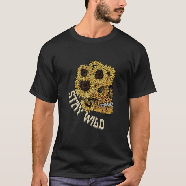 Bleibe Sonnenblumen Skull Leopard Western Retro Bo T-Shirt (Vorderseite)