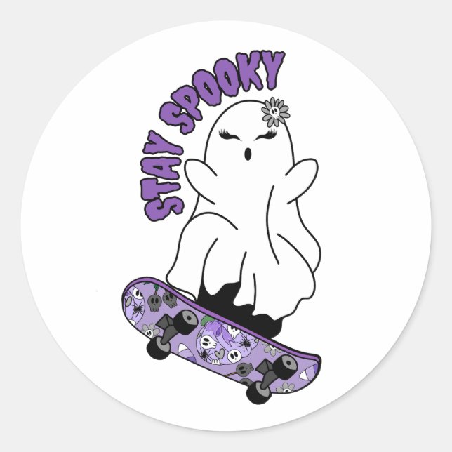 "Bleibe Spooky"-Geist auf einem Skateboard - Cool  Runder Aufkleber (Vorderseite)