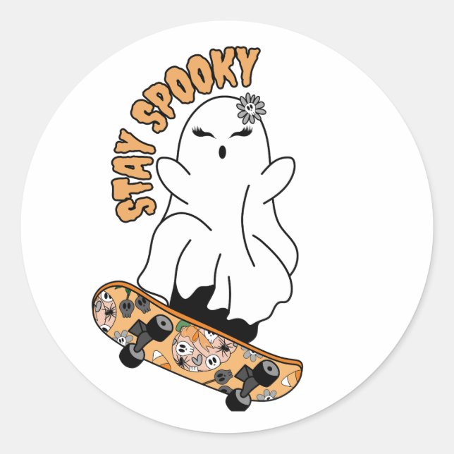 "Bleibe Spooky"-Geist auf einem Skateboard - Cool  Runder Aufkleber (Vorderseite)