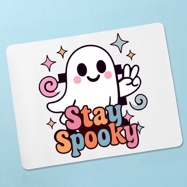 Bleibe Spooky Groovy Ghost Retro Pastel Halloween Mousepad (Celebrate Halloween season in style with this groovy ghost stay spooky design.)