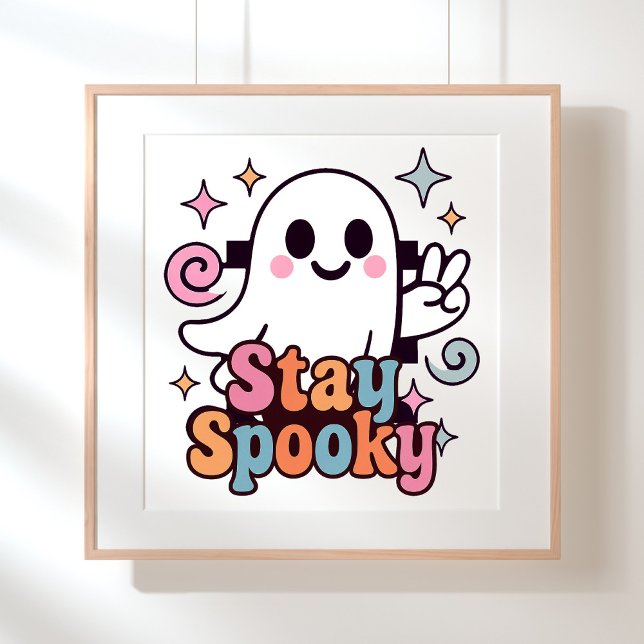 Bleibe Spooky Groovy Ghost Retro Pastel Halloween Poster (Celebrate Halloween season in style with this groovy ghost stay spooky design.)