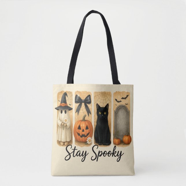 "Bleibe Spooky" Halloween Pinselstriche Katze Frau (Vorderseite)