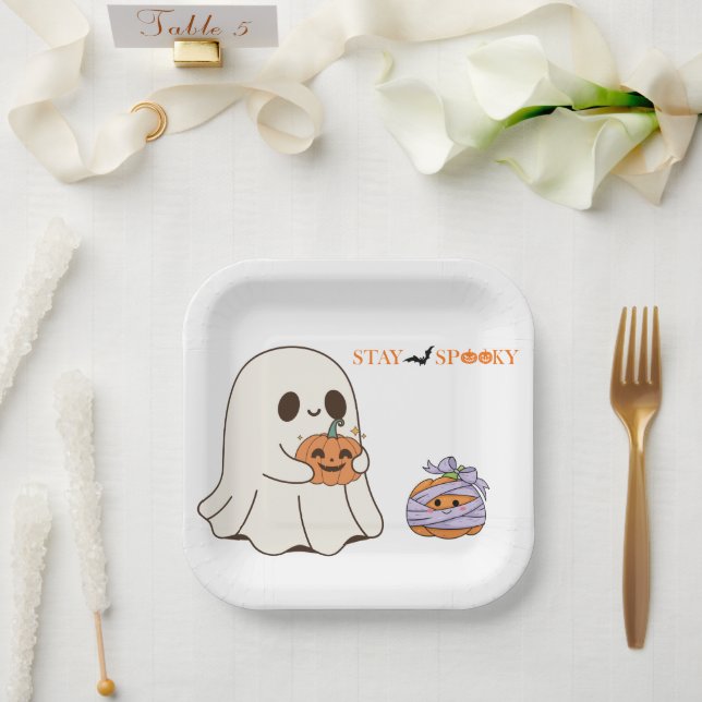 Bleibe Spooky Niedlich Ghost & Pumpkin Halloween-P Pappteller (Hochzeit)