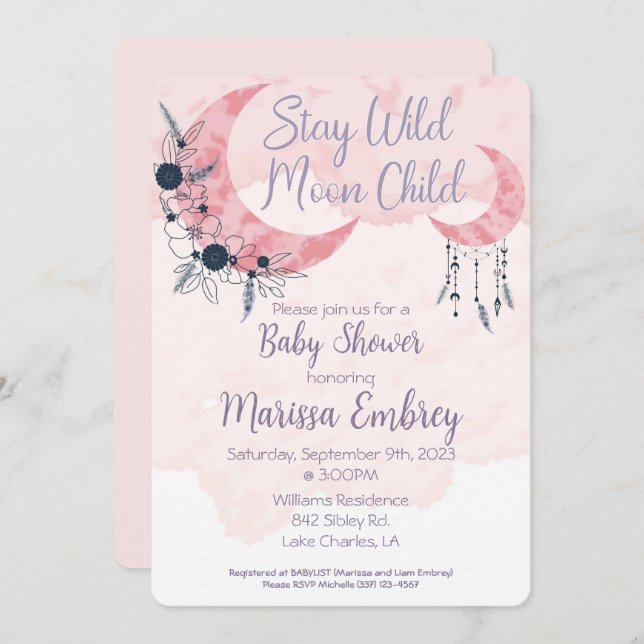 Bleibe Wild Moon Child Hippie Baby Shower Einladun Einladung (Vorne/Hinten)