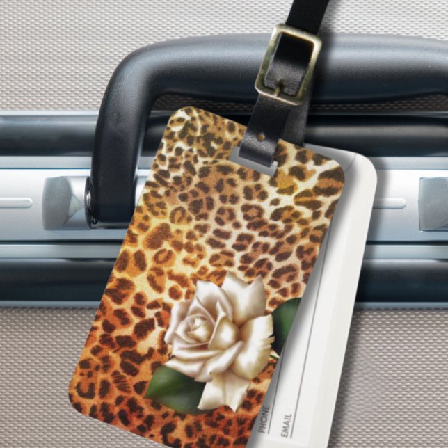 Bleibe Wildtierleoparden Gepäckanhänger (Stay Wild Animal print leopard white rose Luggage Tag)