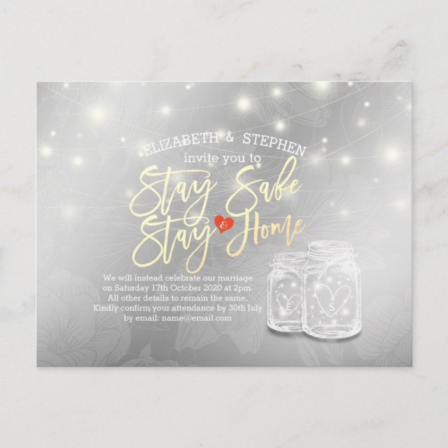 Bleibe Zuhause Bleibe Safe Wedding Postponement Ma Ankündigungspostkarte (Vorderseite)