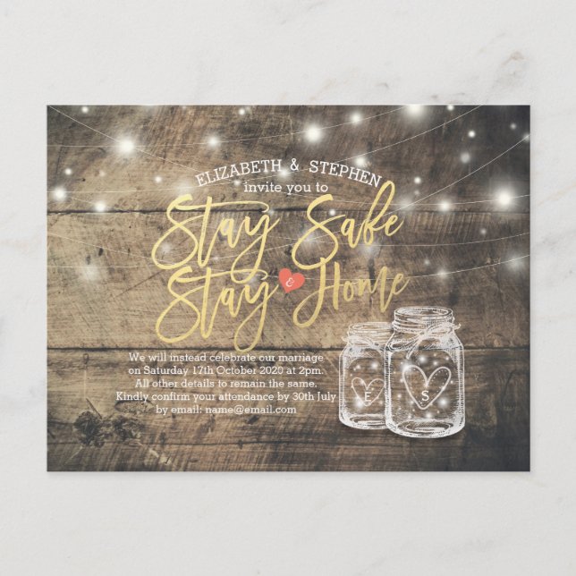 BLEIBE ZUHAUSE BLEIBE SAFE WEDING POSTPONEMENT MAS ANKÜNDIGUNGSPOSTKARTE (Vorderseite)