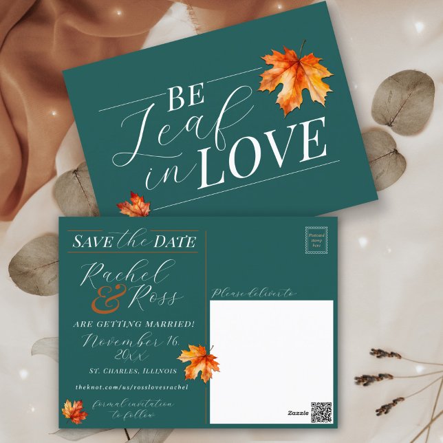 Bleiben Sie bei der Liebe Aquamarine Hochzeit im H Postkarte (Fall teal burnt orange rust terracotta Be Leaf in Love modern Autumn wedding save the date postcard)