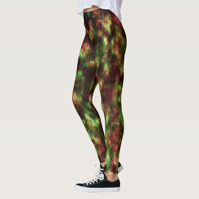 Bleibt grün, rot braun mit Federn-Effekt. Leggings (Links)