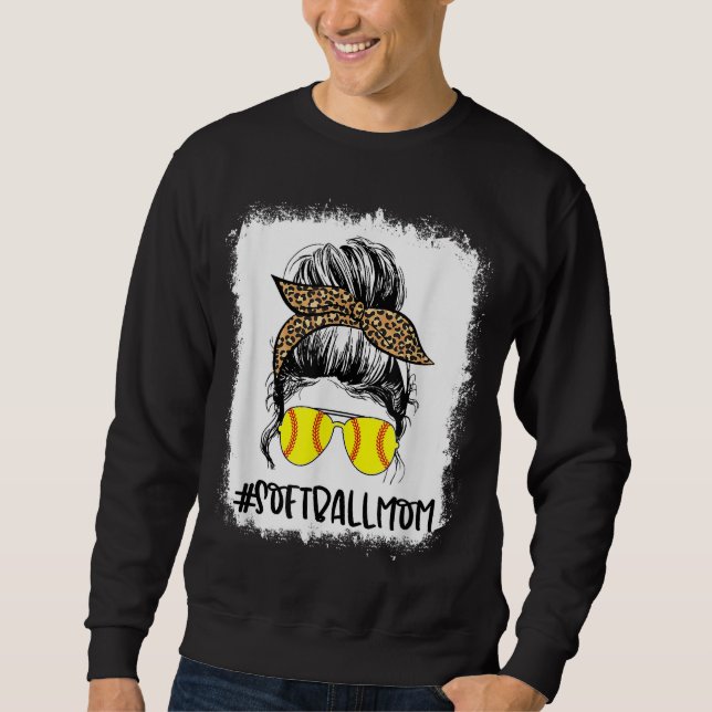 Bleiche Softball Mama Life Leopard Messy Bun Game Sweatshirt (Vorderseite)