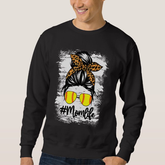 Bleiche Softball Mama Life Leopard Messy Bun Game Sweatshirt (Vorderseite)
