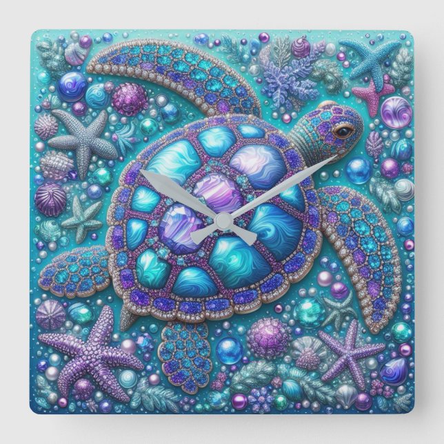 Bleichschildkröte Blau Lila Aquamarin Quadratische Wanduhr (Vorderseite)