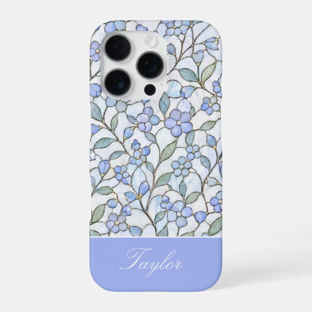 Bleiglas-Stil Blau Florale Personalisierte Name iPhone Hülle (Rückseite)