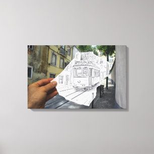 Bleistift gegen Kamera - Lissabon-Tram Leinwanddruck