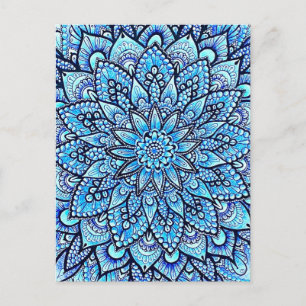 Bleistift-Mandala-Design in Blau Originalkunst  Postkarte