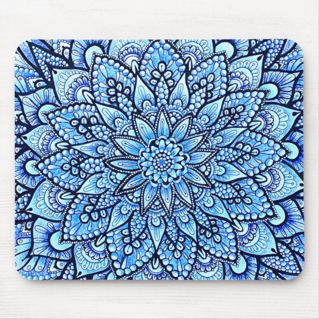 Bleistift-Mandala-Design Kunst in Blau  Mousepad (Vorne)
