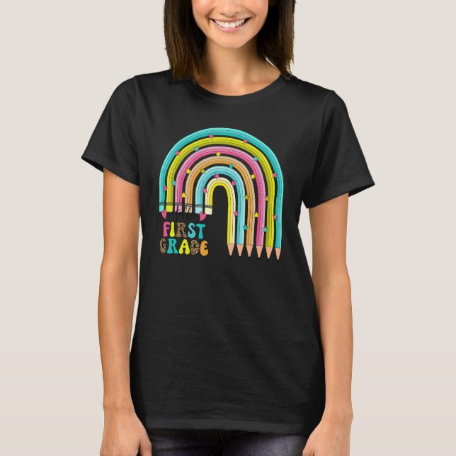 Bleistift Regenbogen Leopard Hallo Erste Klasse Sü T-Shirt (Vorderseite)