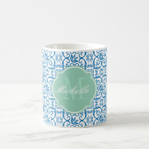 Blendend blaue Damast-Monogramm-Tasse Tasse