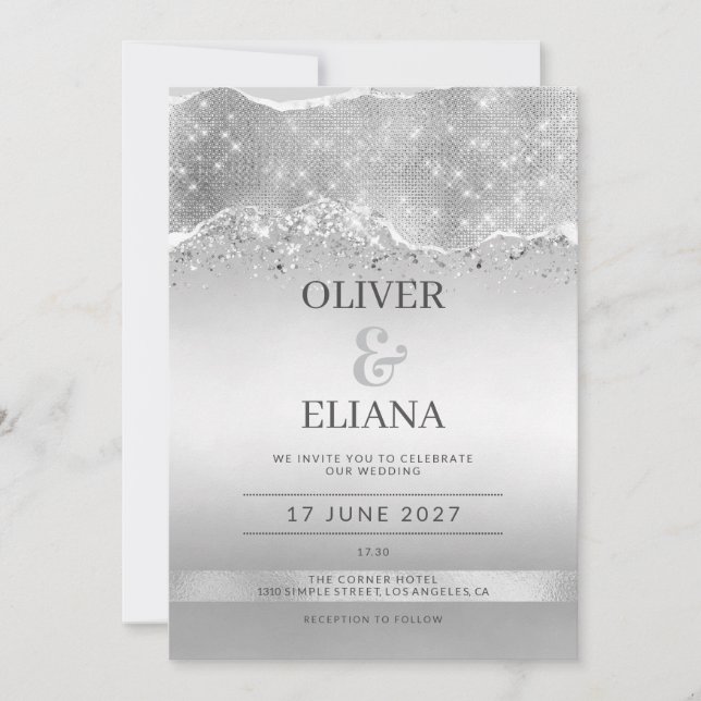 Blendende Silber-Glitzer Hochzeit Einladung (Vorderseite)