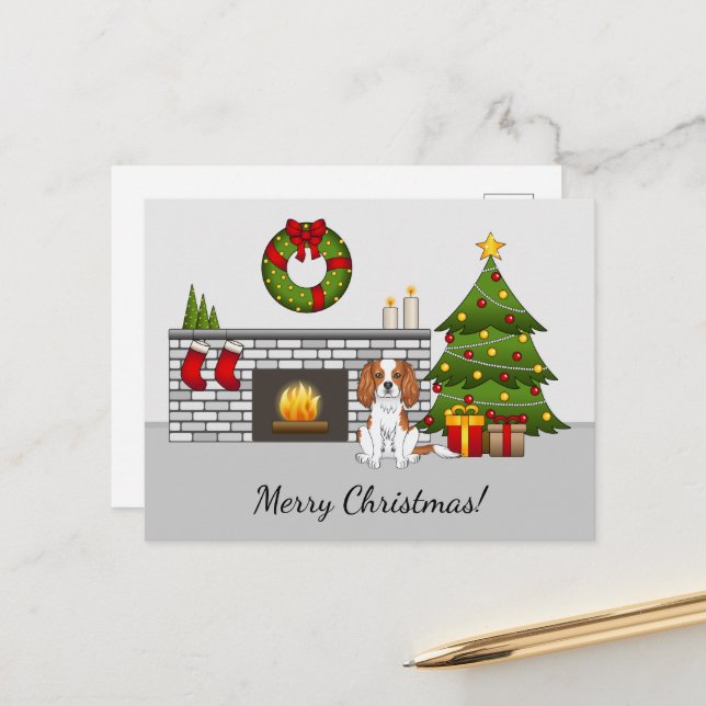 Blenheim Cavalier Dog in einem Weihnachtszimmer &  Postkarte (Vorderseite/Rückseite Beispiel)