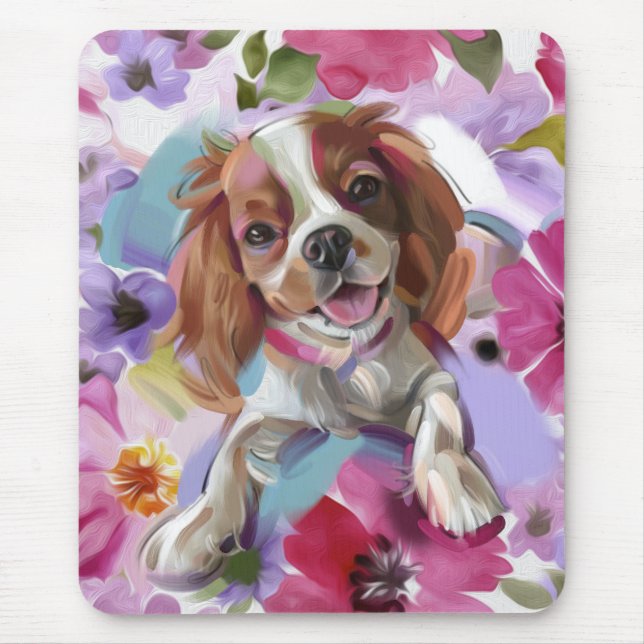 Blenheim Cavalier Floral Dog Art Mouse Pad Mousepad (Vorne)