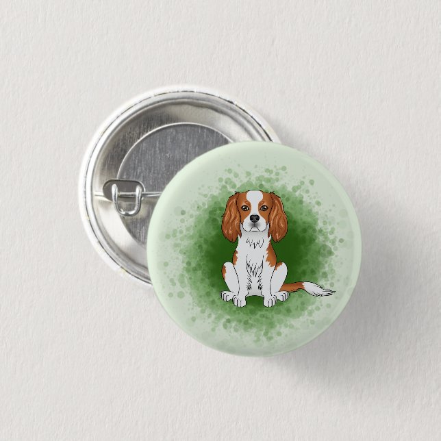 Blenheim Cavalier King Charles Spaniel auf Green Button (Vorne & Hinten)