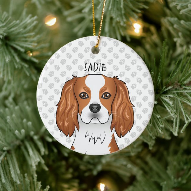 Blenheim Cavalier King Charles Spaniel Head & Name Keramik Ornament (Baum)