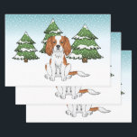 Blenheim Cavalier King Charles Spaniel im Winter Geschenkpapier Set<br><div class="desc">Desteis originelle Cartoon-Illustration einer niedlichen blenheimer Farbe Cavalier Rasse Hund. Der Hund ist in einer Winterszene untergebracht. In der Szene schneit es im Hintergrund und hinter dem Hund stehen drei grüne Tannenbäume. Die Bäume haben Schnee auf ihnen. Der Hintergrund ist ein hellblau bis weiß Gradienten, die dieses Design, dass Frost...</div>