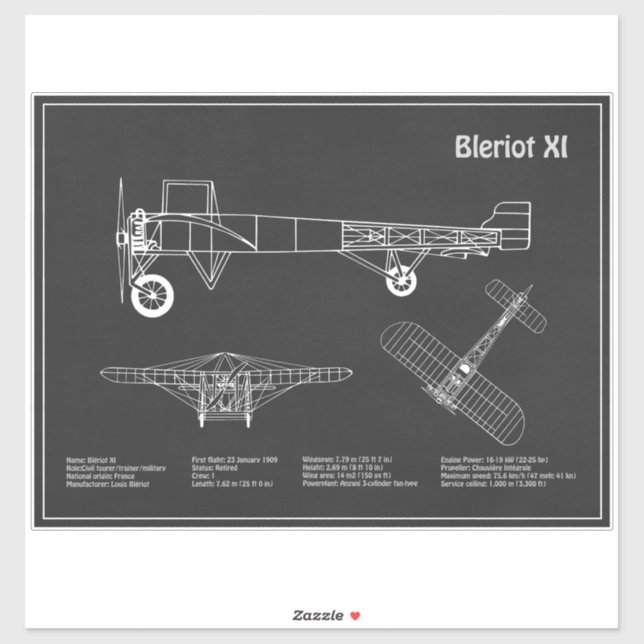 Bleriot XI - Flugzeugkonzeption Zeichnend Pläne PD Aufkleber (Blatt)