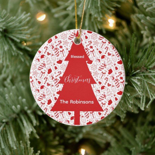 Blessed Christmas Red Christmas Tree Doodle Art Keramik Ornament (Baum)