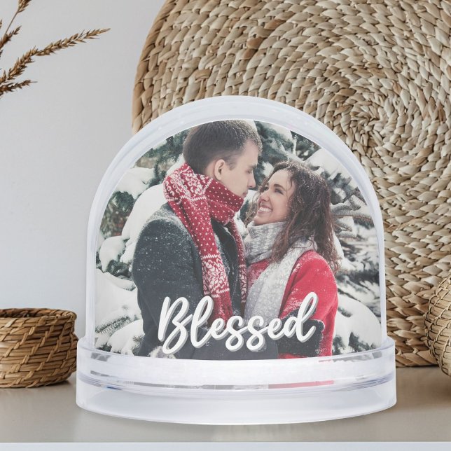 Blessed Couple 2 Sided Photo Modern Script  Schneekugeln (custom photo blessed valentines day couple anniversary souvenir keepsake snow globe)