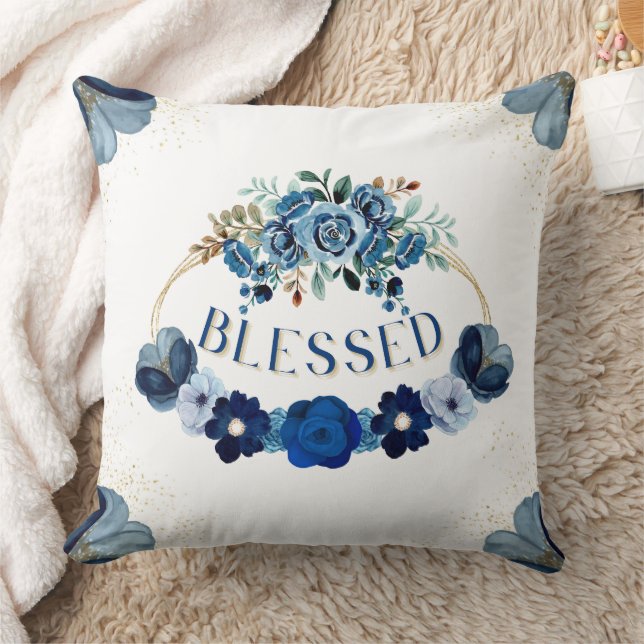 BLESSED Elegant Blue Gold Floral Inspiration Kissen (Decke)